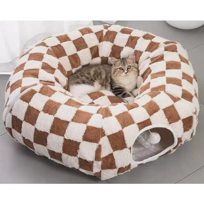 Plush Fabric round Cat-Shaped Donut Pet Play Tunnel - Circle Form, Warm, Cozy, Secure Sleep Animal Blanket Home Calming Accessory with Circle Cushion for Indoor Cats (Green, Brown, Blue)