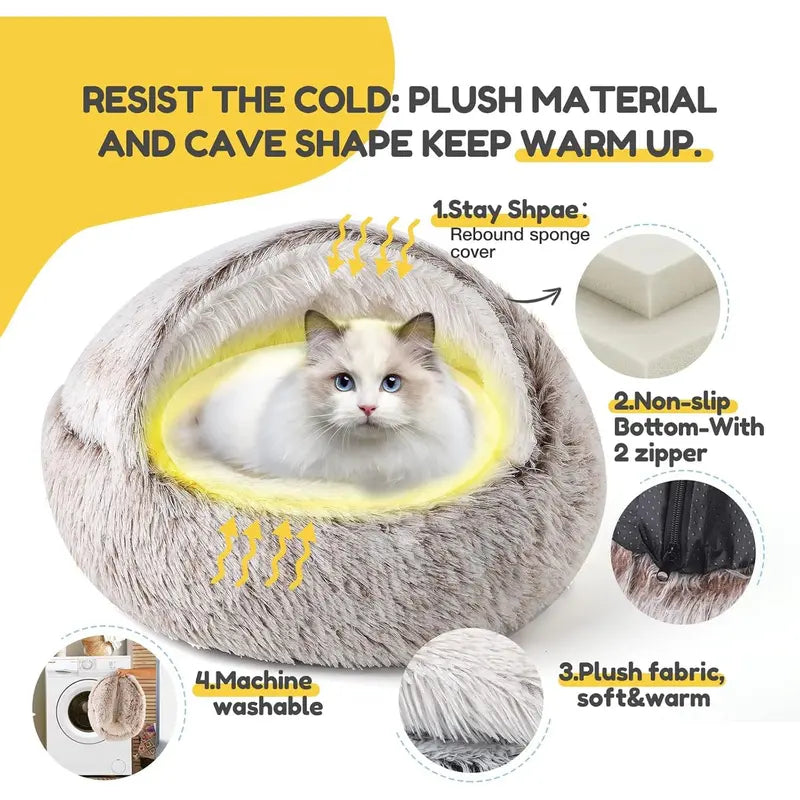 CATISM Plush Hooded Cat Bed, Calming Nest, Self-Warming Cave, Cozy Pod for Indoor Cats or Small Dogs, Removable Washable Cove with Non-Slip Bottom