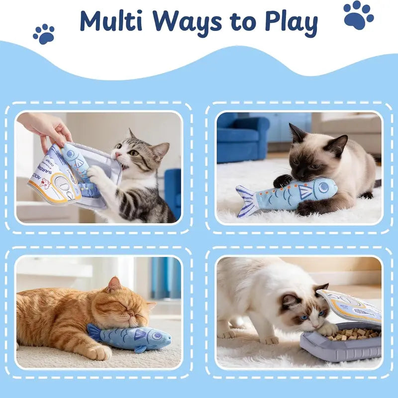 Nocciola 3-Pack Plush Fish Catnip Toys - Animal Print, Crazy Crinkle Sound Layer, Premium Herb, Interactive Chew, Bunny-Kick Ready, Can Pouch Stores Neatly for Indoor Cats (Playful, Reduces Boredom, Ideal for Holidays)