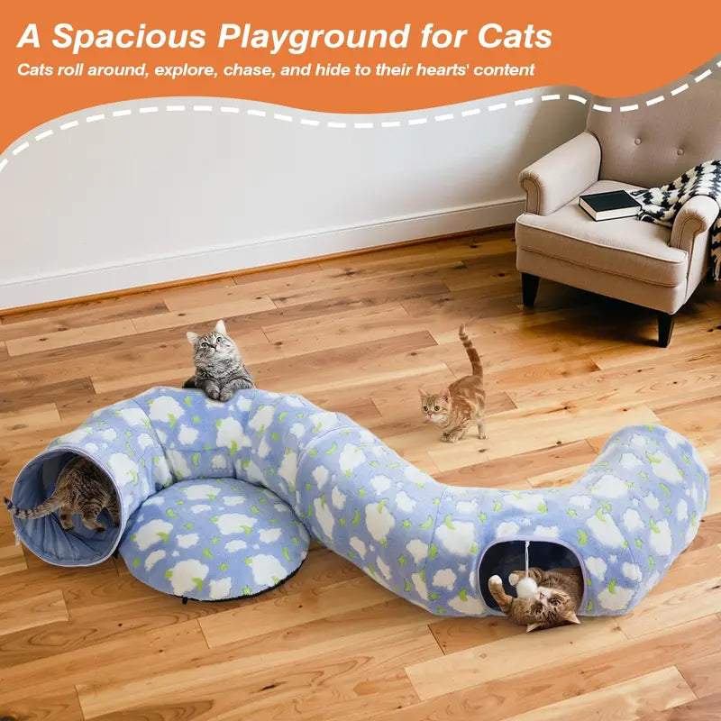 35'' Plush Fabric Cat Tunnel Bed for Indoor Cats - Christmas Themed, Foldable Storage Peekaboo Hole Cave, Interactive Play Toy with Tree Skirt, Chase Fun Ball, Circle Cushion, Cozy Nap Spot
