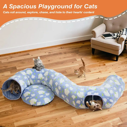 35'' Plush Fabric Cat Tunnel Bed for Indoor Cats - Christmas Themed, Foldable Storage Peekaboo Hole Cave, Interactive Play Toy with Tree Skirt, Chase Fun Ball, Circle Cushion, Cozy Nap Spot