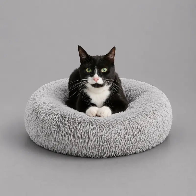 Hooded Donut Dog Bed & Cat Bed | Calming Pet Bed with Blanket - Luna/Grey