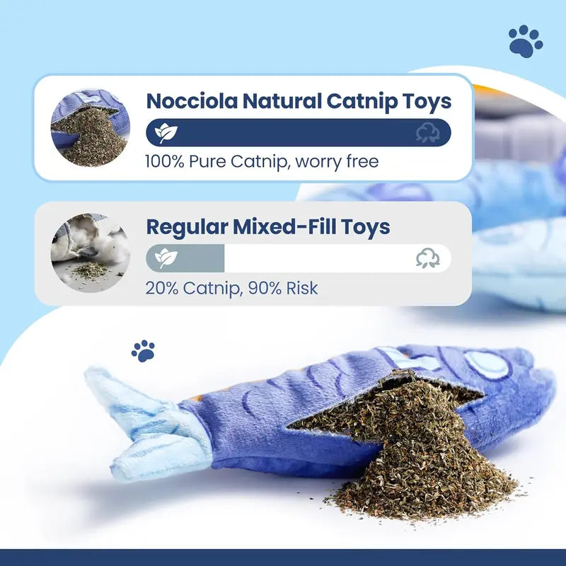 Nocciola 3-Pack Plush Fish Catnip Toys - Animal Print, Crazy Crinkle Sound Layer, Premium Herb, Interactive Chew, Bunny-Kick Ready, Can Pouch Stores Neatly for Indoor Cats (Playful, Reduces Boredom, Ideal for Holidays)
