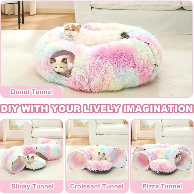 Plush Cat Tunnel Bed for Indoor Cats - Collapsible Donut Tunnel with Central Mat - Fluffy Cave with Hanging Ball Calming Kittens