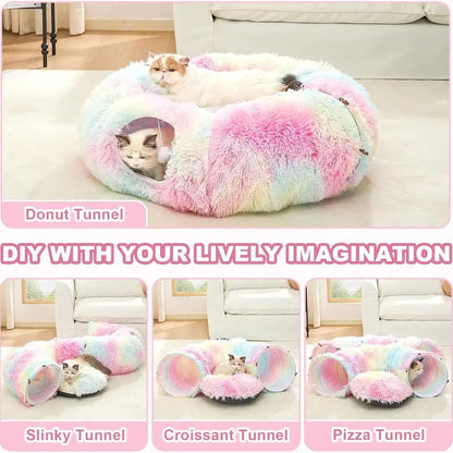 Plush Cat Tunnel Bed for Indoor Cats - Collapsible Donut Tunnel with Central Mat - Fluffy Cave with Hanging Ball Calming Kittens