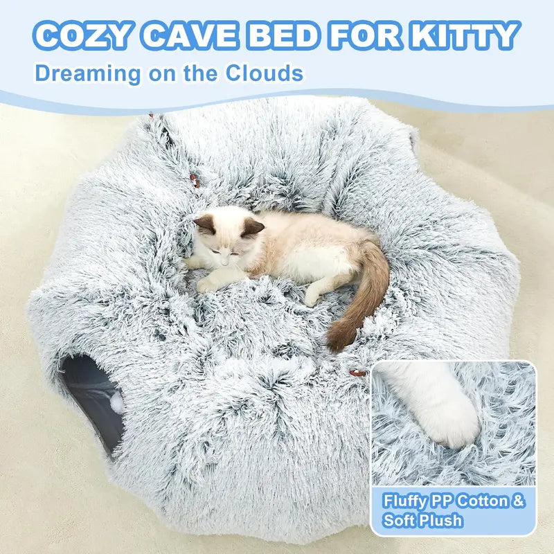 Plush Cat Tunnel Bed for Indoor Cats - Collapsible Donut Tunnel with Central Mat - Fluffy Cave with Hanging Ball Calming Kittens