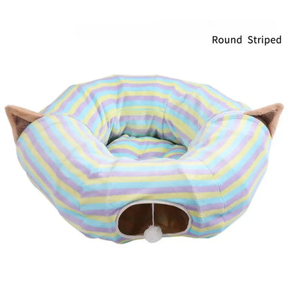Cat Half-Circle Straight Striped Donut Tunnel Bed with Washable Cushion - Indoor Peekaboo Cave Toy, Calming Pet Accessory for Autumn Winter Use, Perfect under Christmas Tree