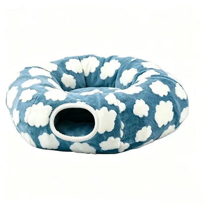 Plush Fabric round Cat-Shaped Donut Pet Play Tunnel - Circle Form, Warm, Cozy, Secure Sleep Animal Blanket Home Calming Accessory with Circle Cushion for Indoor Cats (Green, Brown, Blue)