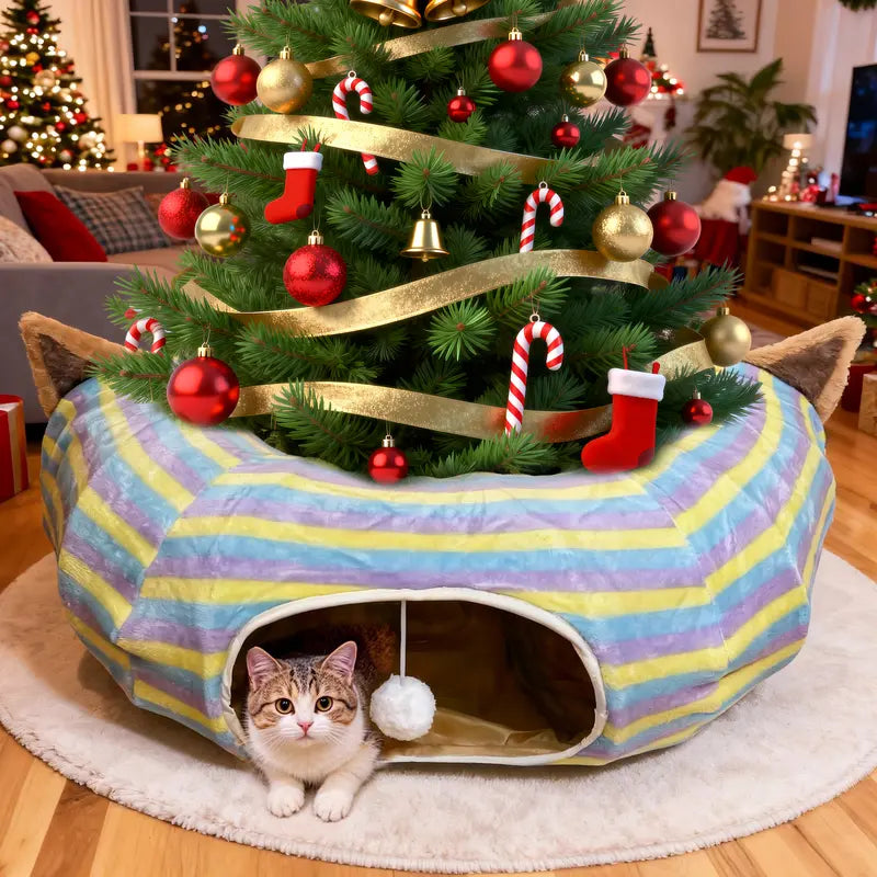 Cat Half-Circle Straight Striped Donut Tunnel Bed with Washable Cushion - Indoor Peekaboo Cave Toy, Calming Pet Accessory for Autumn Winter Use, Perfect under Christmas Tree