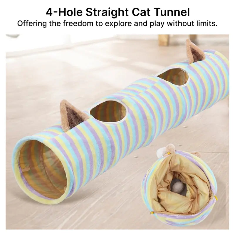 Cat Half-Circle Straight Striped Donut Tunnel Bed with Washable Cushion - Indoor Peekaboo Cave Toy, Calming Pet Accessory for Autumn Winter Use, Perfect under Christmas Tree