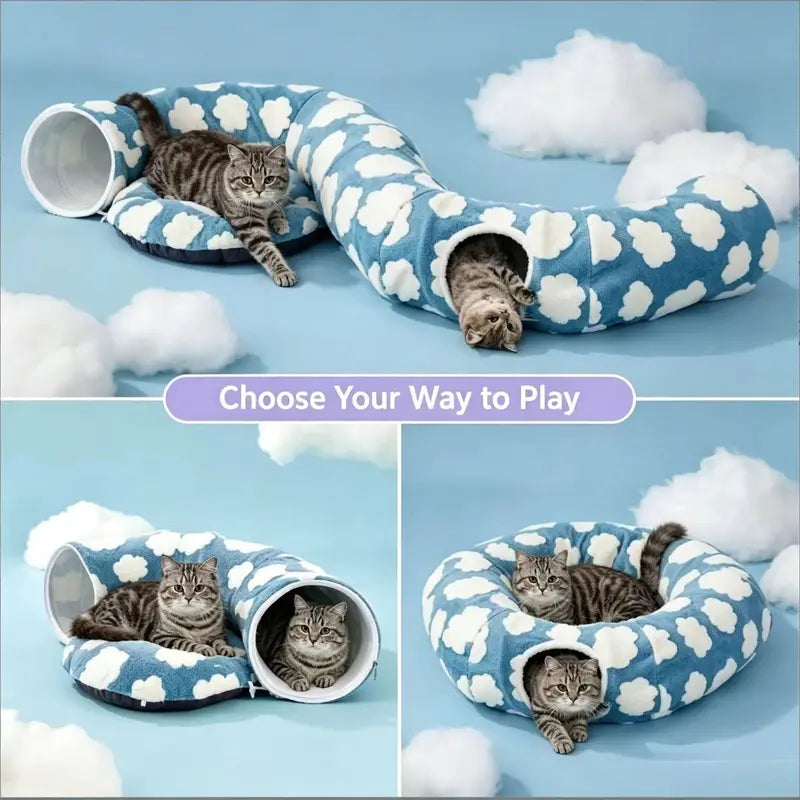 Plush Fabric round Cat-Shaped Donut Pet Play Tunnel - Circle Form, Warm, Cozy, Secure Sleep Animal Blanket Home Calming Accessory with Circle Cushion for Indoor Cats (Green, Brown, Blue)