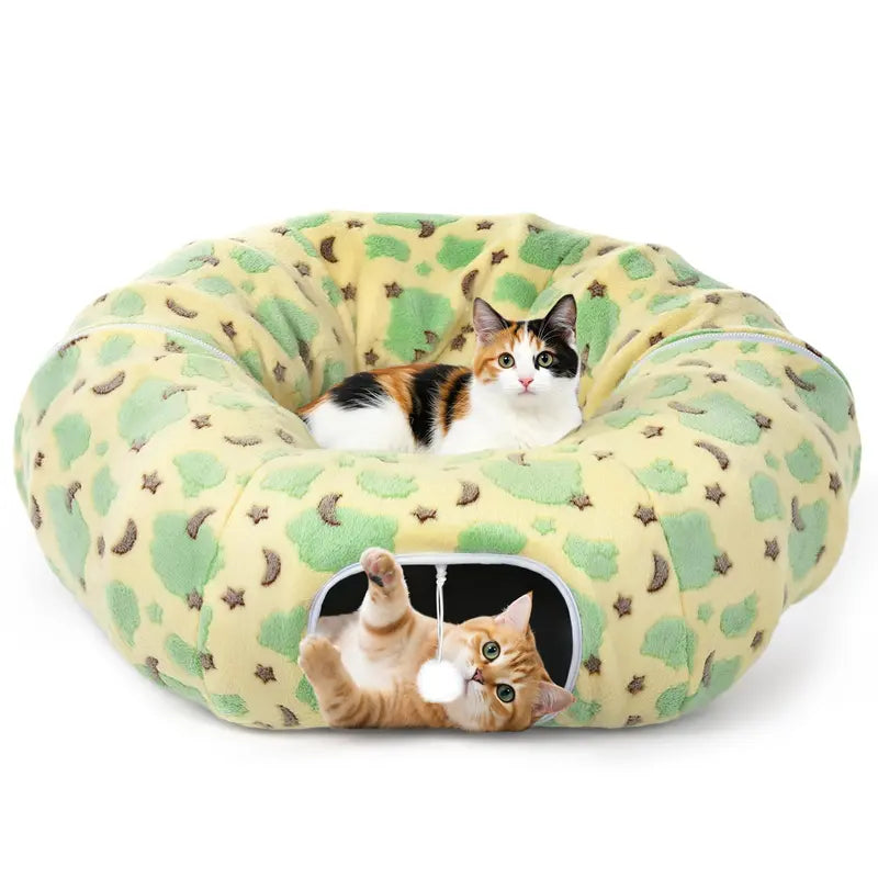 35'' Plush Fabric Cat Tunnel Bed for Indoor Cats - Christmas Themed, Foldable Storage Peekaboo Hole Cave, Interactive Play Toy with Tree Skirt, Chase Fun Ball, Circle Cushion, Cozy Nap Spot