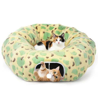 35'' Plush Fabric Cat Tunnel Bed for Indoor Cats - Christmas Themed, Foldable Storage Peekaboo Hole Cave, Interactive Play Toy with Tree Skirt, Chase Fun Ball, Circle Cushion, Cozy Nap Spot