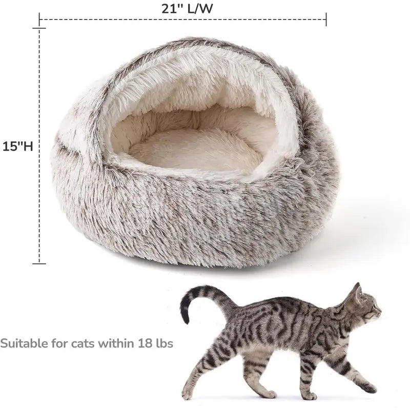 CATISM Plush Hooded Cat Bed, Calming Nest, Self-Warming Cave, Cozy Pod for Indoor Cats or Small Dogs, Removable Washable Cove with Non-Slip Bottom