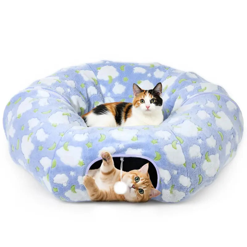 35'' Plush Fabric Cat Tunnel Bed for Indoor Cats - Christmas Themed, Foldable Storage Peekaboo Hole Cave, Interactive Play Toy with Tree Skirt, Chase Fun Ball, Circle Cushion, Cozy Nap Spot
