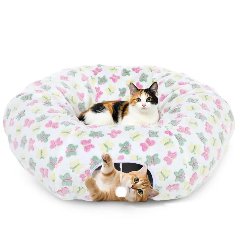 35'' Plush Fabric Cat Tunnel Bed for Indoor Cats - Christmas Themed, Foldable Storage Peekaboo Hole Cave, Interactive Play Toy with Tree Skirt, Chase Fun Ball, Circle Cushion, Cozy Nap Spot