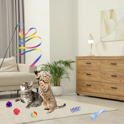 24Pcs Colorful Cartoon Cat Toy Set - Polypropylene 2-Way Interactive Tunnel with Memory Steel Frame, Feathers, Ribbon Flutter Tease, Bell Ball - Stimulating Training for Kittens, Universal Birthday Gift
