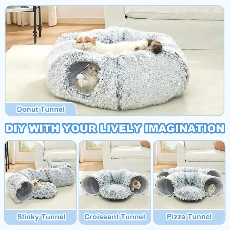 Plush Cat Tunnel Bed for Indoor Cats - Collapsible Donut Tunnel with Central Mat - Fluffy Cave with Hanging Ball Calming Kittens