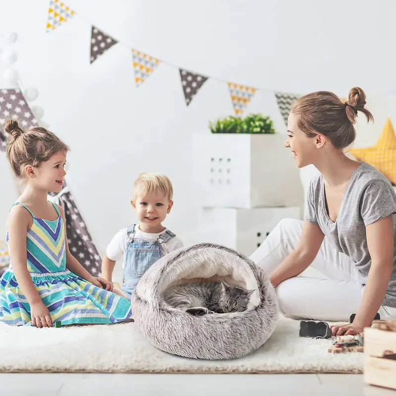 CATISM Plush Hooded Cat Bed, Calming Nest, Self-Warming Cave, Cozy Pod for Indoor Cats or Small Dogs, Removable Washable Cove with Non-Slip Bottom