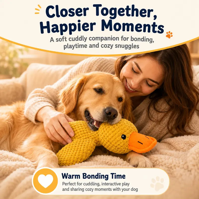 Pawviss Yellow Duck Dog Toy, Squeaky Plush Toy with Crinkle Wings and Quacking Sound, Soft Cuddly Comfort Toy for Interactive Play, Carrying and Snuggling, 11 Inch