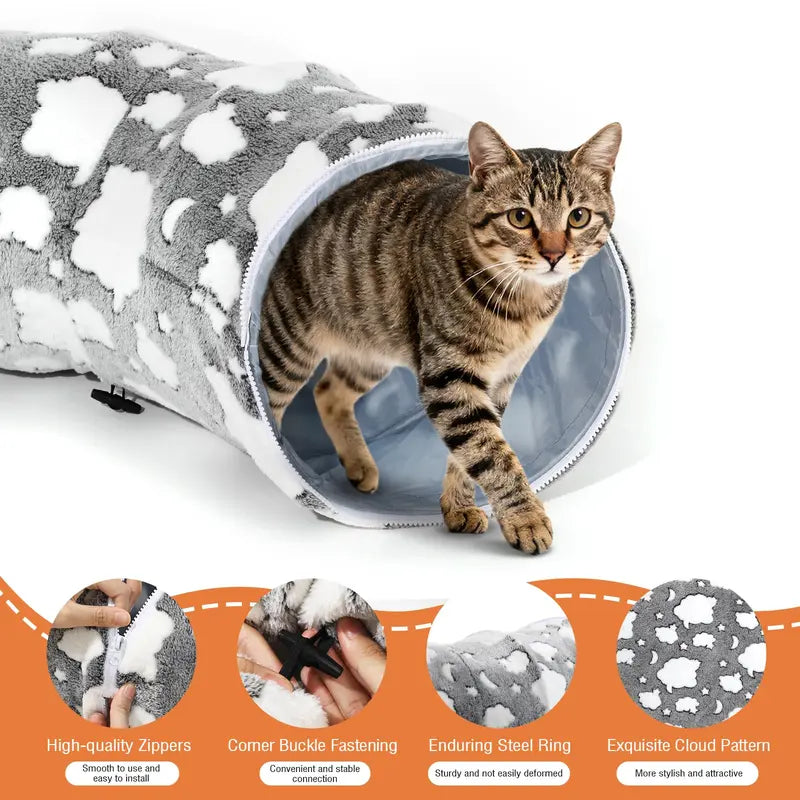 35'' Plush Fabric Cat Tunnel Bed for Indoor Cats - Christmas Themed, Foldable Storage Peekaboo Hole Cave, Interactive Play Toy with Tree Skirt, Chase Fun Ball, Circle Cushion, Cozy Nap Spot