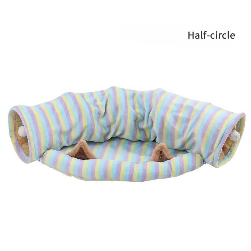 Cat Half-Circle Straight Striped Donut Tunnel Bed with Washable Cushion - Indoor Peekaboo Cave Toy, Calming Pet Accessory for Autumn Winter Use, Perfect under Christmas Tree