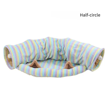 Cat Half-Circle Straight Striped Donut Tunnel Bed with Washable Cushion - Indoor Peekaboo Cave Toy, Calming Pet Accessory for Autumn Winter Use, Perfect under Christmas Tree