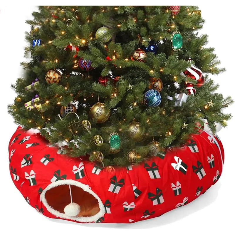LUCKITTY Christmas Warm Fluffy Plush Cat Dog Tunnel Bed with Washable Cushion- Big Tube Playground Toys 3 FT Diameter Collapsible, for Indoor Cat Kitty Kitten Puppy Rabbit Ferret, Green Red