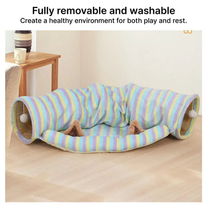 Cat Half-Circle Straight Striped Donut Tunnel Bed with Washable Cushion - Indoor Peekaboo Cave Toy, Calming Pet Accessory for Autumn Winter Use, Perfect under Christmas Tree