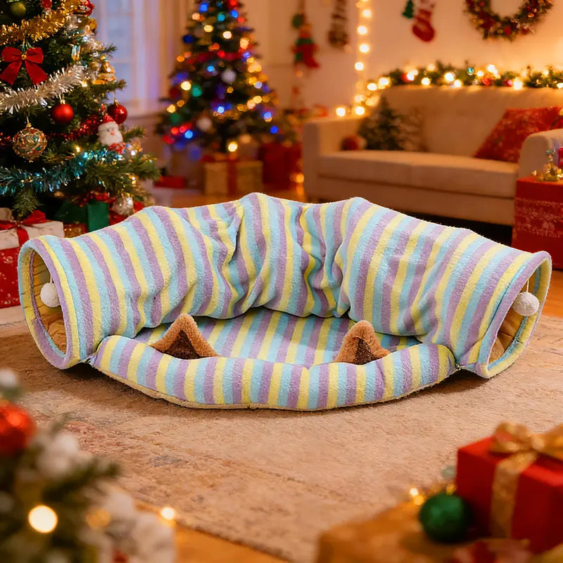 Cat Half-Circle Straight Striped Donut Tunnel Bed with Washable Cushion - Indoor Peekaboo Cave Toy, Calming Pet Accessory for Autumn Winter Use, Perfect under Christmas Tree