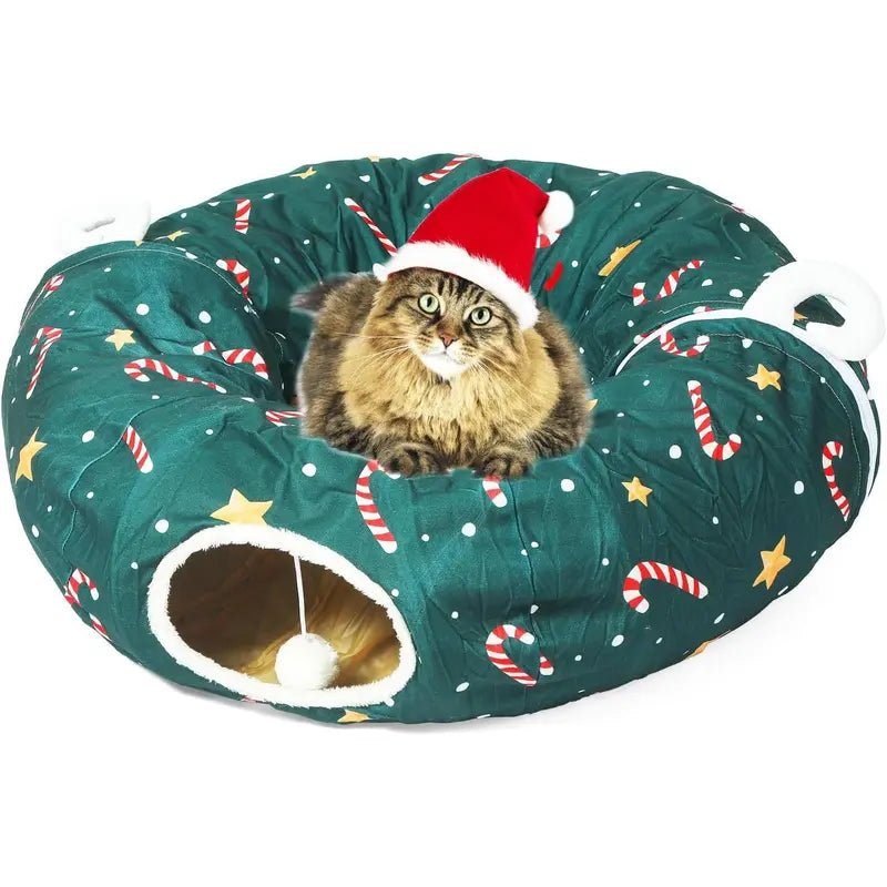 LUCKITTY Christmas Warm Fluffy Plush Cat Dog Tunnel Bed with Washable Cushion- Big Tube Playground Toys 3 FT Diameter Collapsible, for Indoor Cat Kitty Kitten Puppy Rabbit Ferret, Green Red