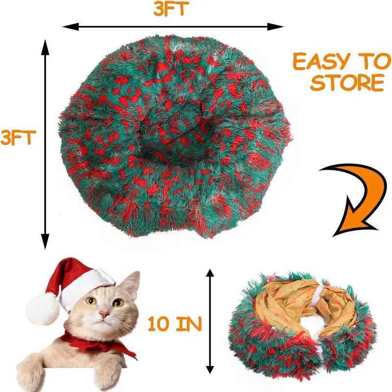 LUCKITTY Christmas Warm Fluffy Plush Cat Dog Tunnel Bed with Washable Cushion- Big Tube Playground Toys 3 FT Diameter Collapsible, for Indoor Cat Kitty Kitten Puppy Rabbit Ferret, Green Red