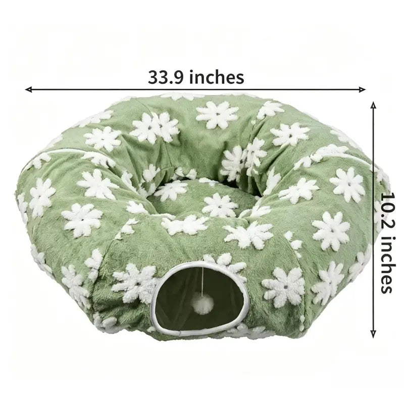 Plush Fabric round Cat-Shaped Donut Pet Play Tunnel - Circle Form, Warm, Cozy, Secure Sleep Animal Blanket Home Calming Accessory with Circle Cushion for Indoor Cats (Green, Brown, Blue)