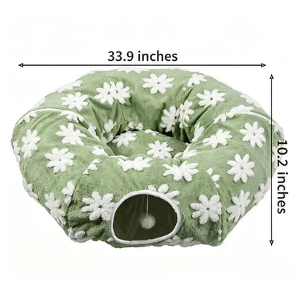 Plush Fabric round Cat-Shaped Donut Pet Play Tunnel - Circle Form, Warm, Cozy, Secure Sleep Animal Blanket Home Calming Accessory with Circle Cushion for Indoor Cats (Green, Brown, Blue)