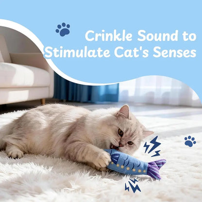 Nocciola 3-Pack Plush Fish Catnip Toys - Animal Print, Crazy Crinkle Sound Layer, Premium Herb, Interactive Chew, Bunny-Kick Ready, Can Pouch Stores Neatly for Indoor Cats (Playful, Reduces Boredom, Ideal for Holidays)