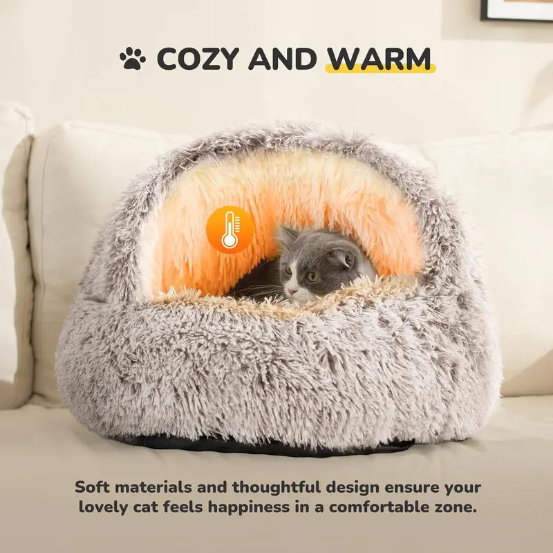 CATISM Plush Hooded Cat Bed, Calming Nest, Self-Warming Cave, Cozy Pod for Indoor Cats or Small Dogs, Removable Washable Cove with Non-Slip Bottom
