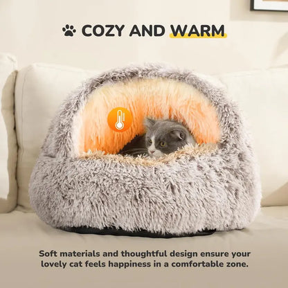 CATISM Plush Hooded Cat Bed, Calming Nest, Self-Warming Cave, Cozy Pod for Indoor Cats or Small Dogs, Removable Washable Cove with Non-Slip Bottom