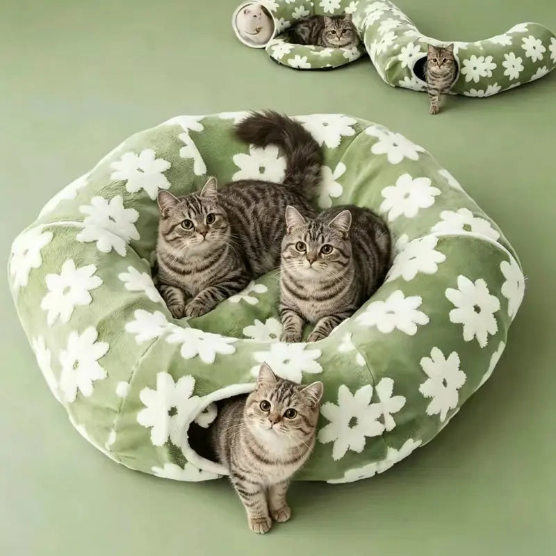 Plush Fabric round Cat-Shaped Donut Pet Play Tunnel - Circle Form, Warm, Cozy, Secure Sleep Animal Blanket Home Calming Accessory with Circle Cushion for Indoor Cats (Green, Brown, Blue)