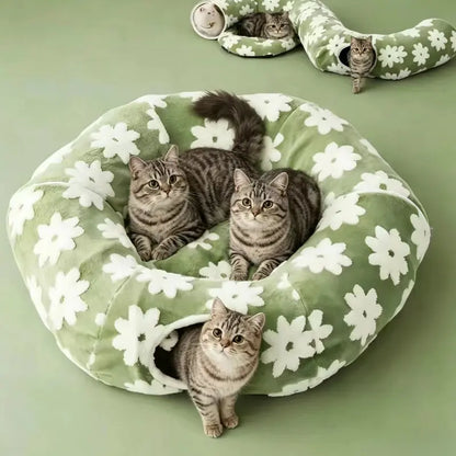 Plush Fabric round Cat-Shaped Donut Pet Play Tunnel - Circle Form, Warm, Cozy, Secure Sleep Animal Blanket Home Calming Accessory with Circle Cushion for Indoor Cats (Green, Brown, Blue)