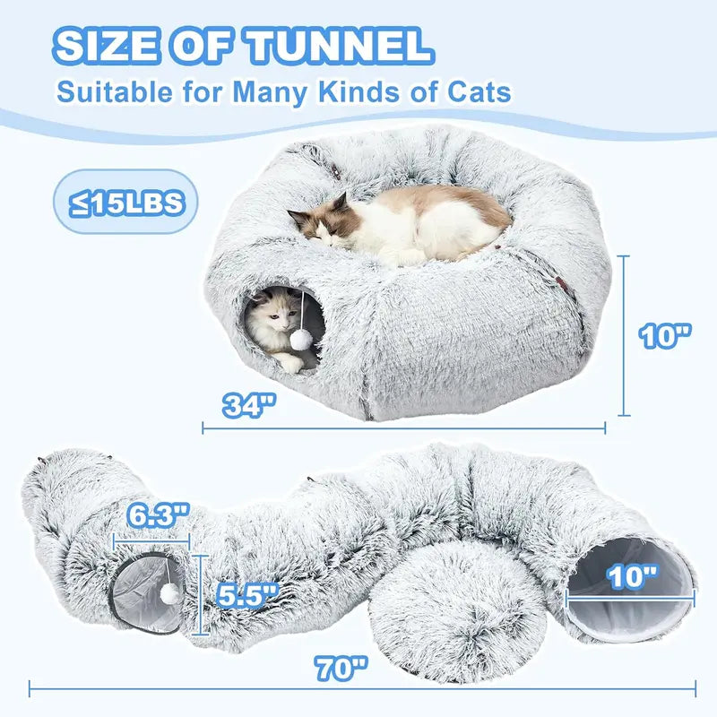 Plush Cat Tunnel Bed for Indoor Cats - Collapsible Donut Tunnel with Central Mat - Fluffy Cave with Hanging Ball Calming Kittens