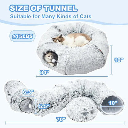 Plush Cat Tunnel Bed for Indoor Cats - Collapsible Donut Tunnel with Central Mat - Fluffy Cave with Hanging Ball Calming Kittens
