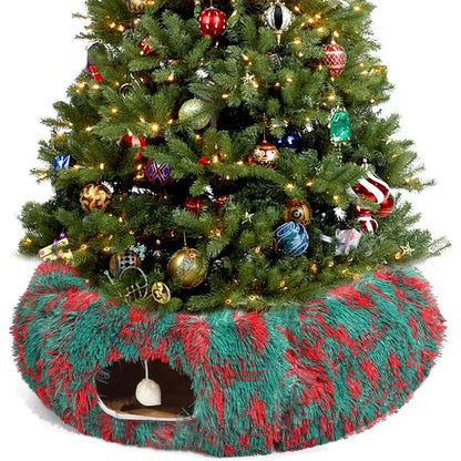 LUCKITTY Christmas Warm Fluffy Plush Cat Dog Tunnel Bed with Washable Cushion- Big Tube Playground Toys 3 FT Diameter Collapsible, for Indoor Cat Kitty Kitten Puppy Rabbit Ferret, Green Red