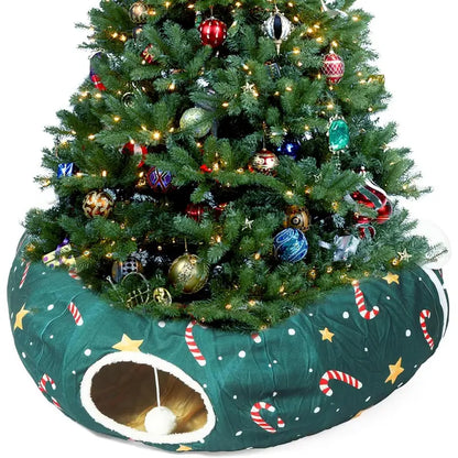 LUCKITTY Christmas Warm Fluffy Plush Cat Dog Tunnel Bed with Washable Cushion- Big Tube Playground Toys 3 FT Diameter Collapsible, for Indoor Cat Kitty Kitten Puppy Rabbit Ferret, Green Red