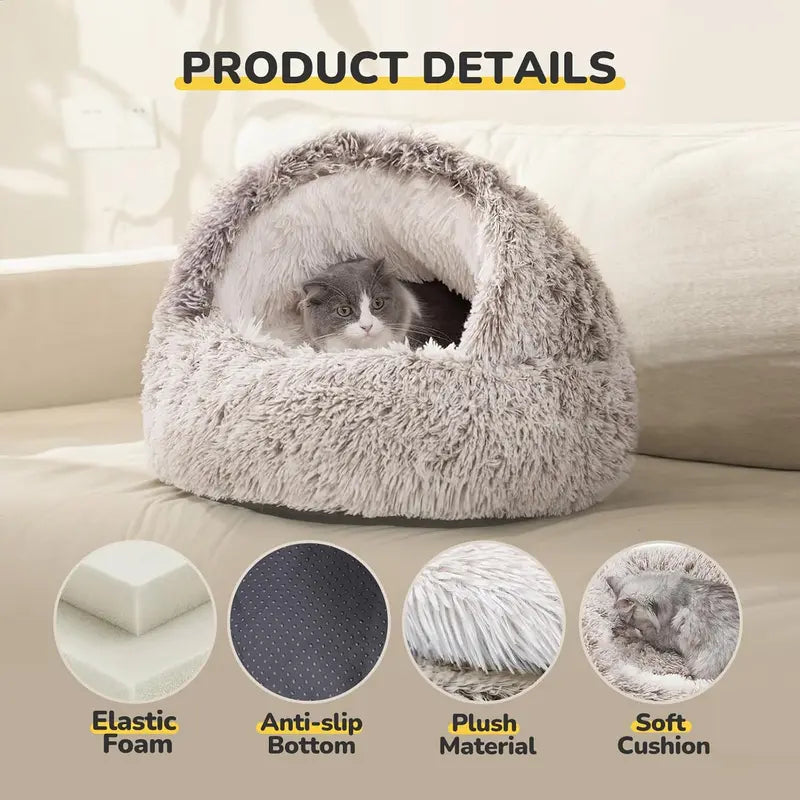 CATISM Plush Hooded Cat Bed, Calming Nest, Self-Warming Cave, Cozy Pod for Indoor Cats or Small Dogs, Removable Washable Cove with Non-Slip Bottom