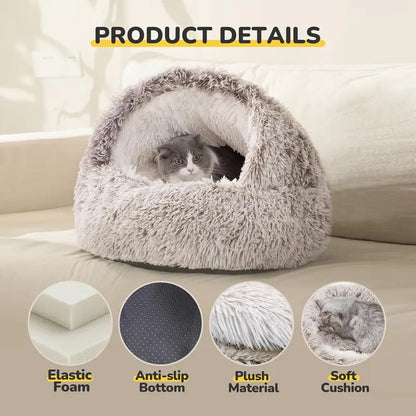 CATISM Plush Hooded Cat Bed, Calming Nest, Self-Warming Cave, Cozy Pod for Indoor Cats or Small Dogs, Removable Washable Cove with Non-Slip Bottom