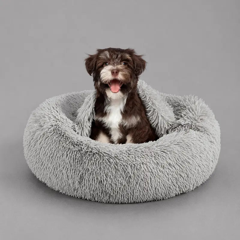 Hooded Donut Dog Bed & Cat Bed | Calming Pet Bed with Blanket - Luna/Grey