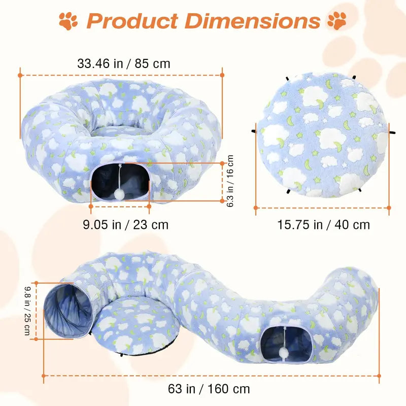 35'' Plush Fabric Cat Tunnel Bed for Indoor Cats - Christmas Themed, Foldable Storage Peekaboo Hole Cave, Interactive Play Toy with Tree Skirt, Chase Fun Ball, Circle Cushion, Cozy Nap Spot