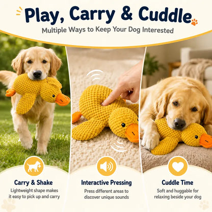 Pawviss Yellow Duck Dog Toy, Squeaky Plush Toy with Crinkle Wings and Quacking Sound, Soft Cuddly Comfort Toy for Interactive Play, Carrying and Snuggling, 11 Inch